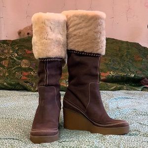 JUICY COUTURE BROWN LEATHER AND SHEEP FUR LINED WEDGE KNEE BOOTS SIZE 8 EUC